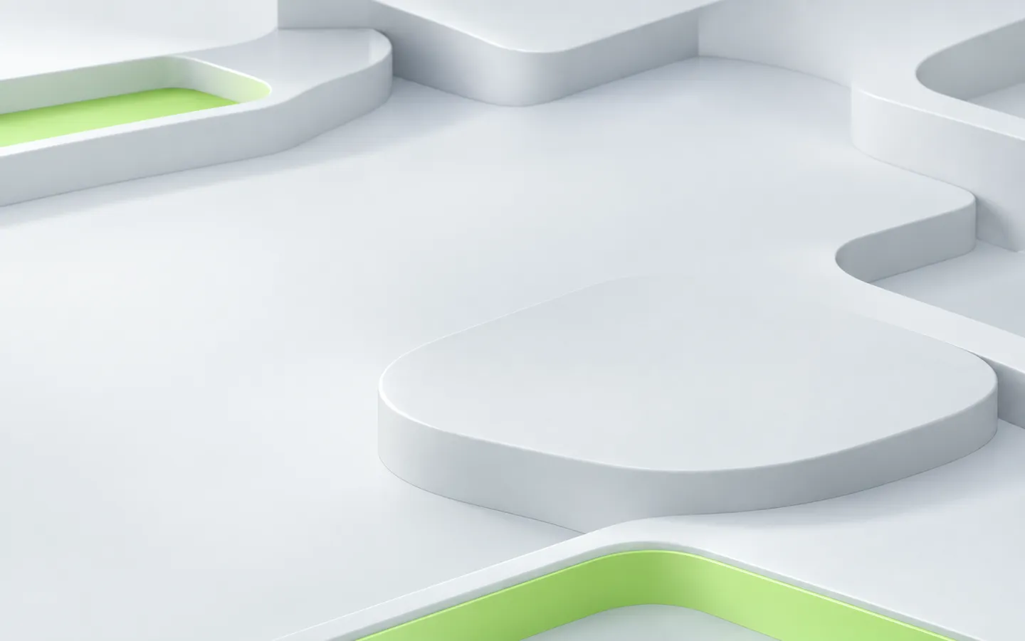 Abstract pale-gray sculptural platforms with lime-green accents